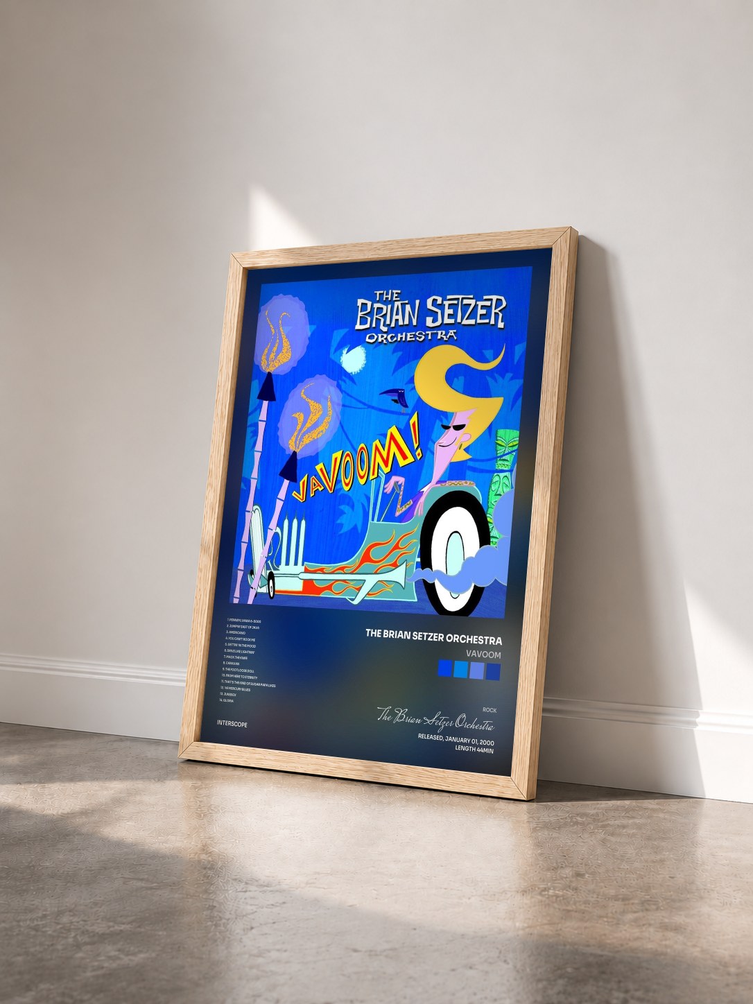 #bois Tableau de l'album Vavoom de The Brian Setzer Orchestra vu de trois quarts, cadre en bois brut