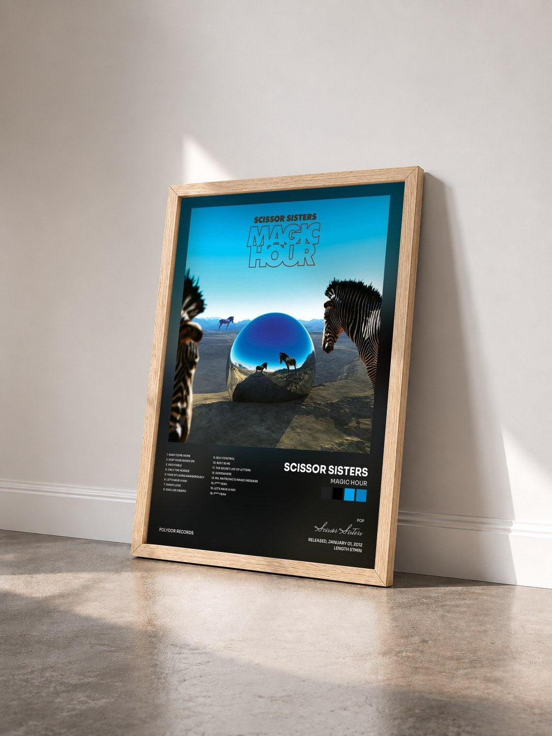 #bois Tableau de l'album Magic Hour de Scissor Sisters vu de trois quarts, cadre en bois brut