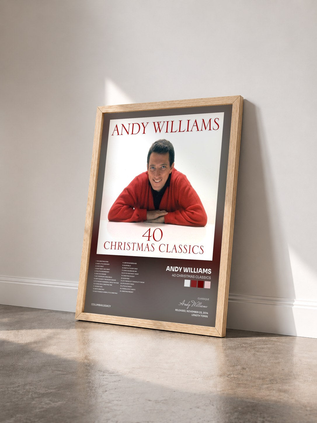 #bois Tableau de l'album 40 Christmas Classics de Andy Williams vu de trois quarts, cadre en bois brut