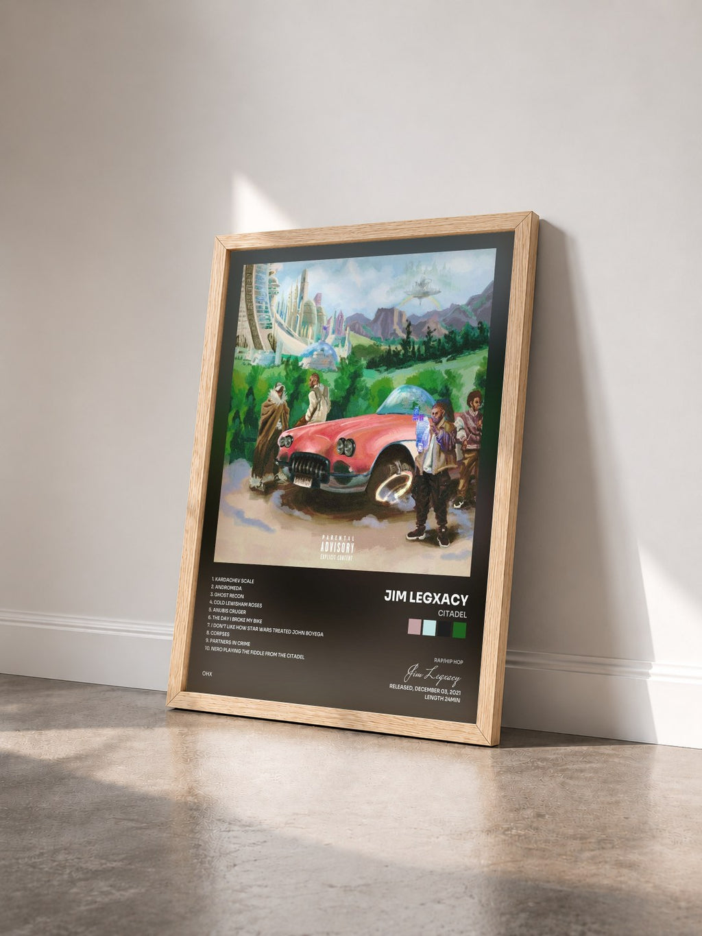 #bois Tableau de l'album CITADEL de Jim Legxacy vu de trois quarts, cadre en bois brut