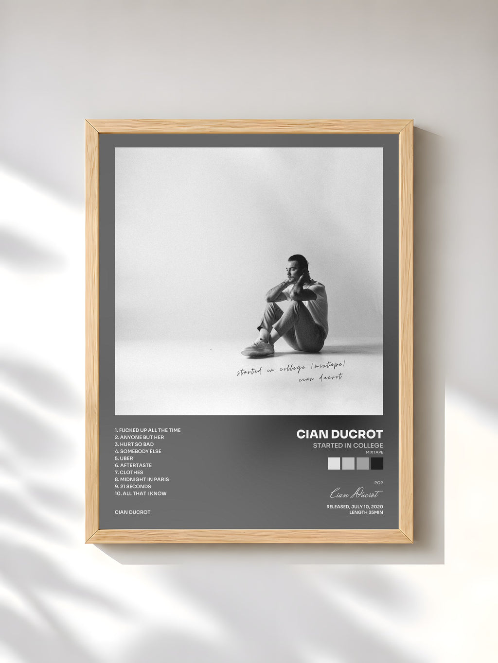 #bois Tableau de l'album started in college (mixtape) de Cian Ducrot, cadre en bois brut, imprimé et encadré en France