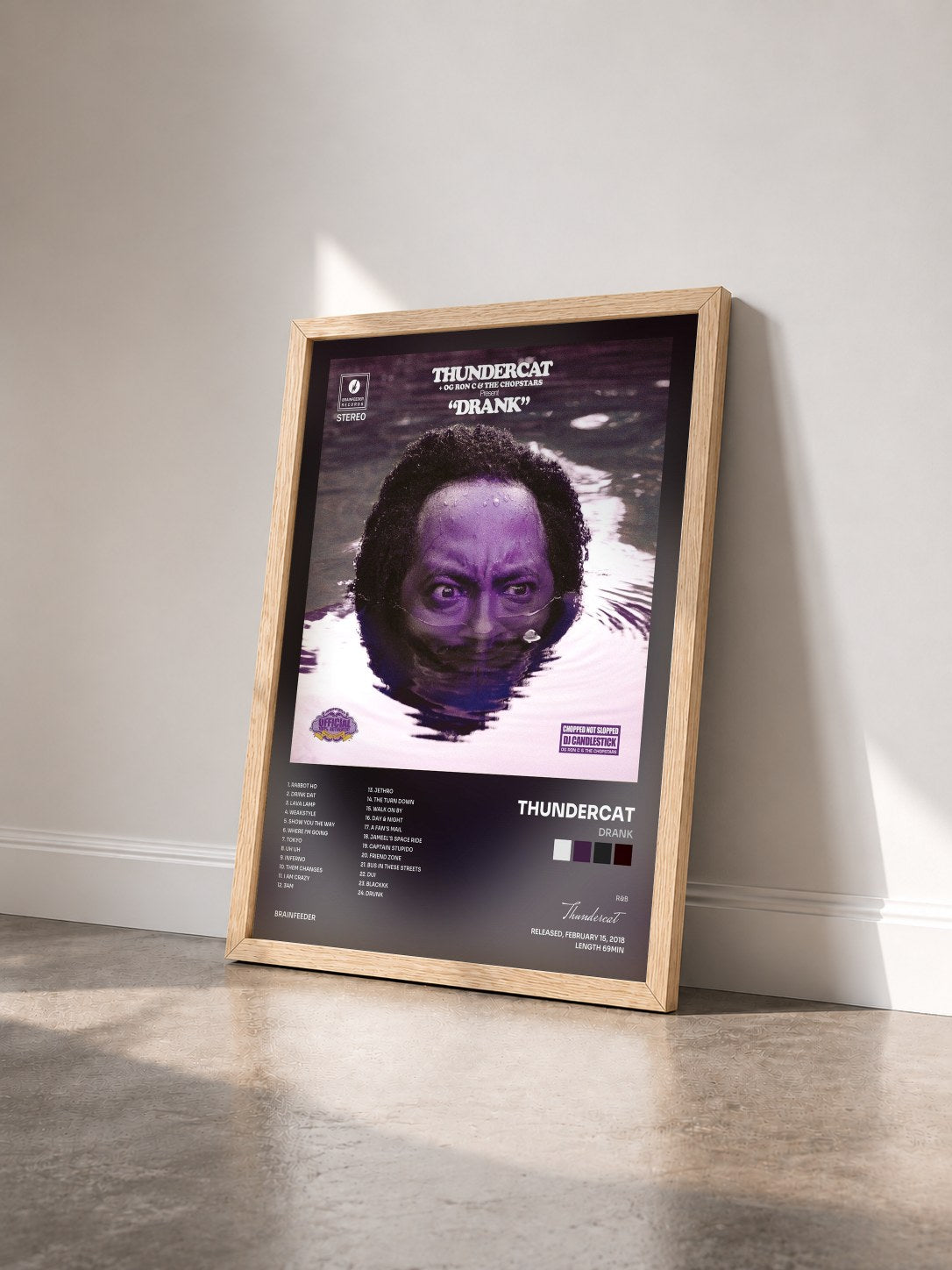 #bois Tableau de l'album Drank de Thundercat vu de trois quarts, cadre en bois brut