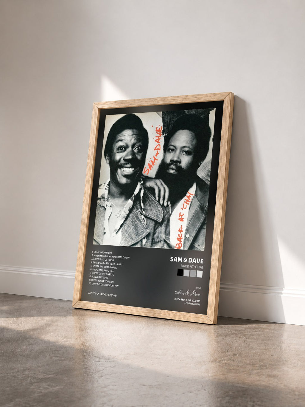 #bois Tableau de l'album Back At 'Cha! de Sam & Dave vu de trois quarts, cadre en bois brut