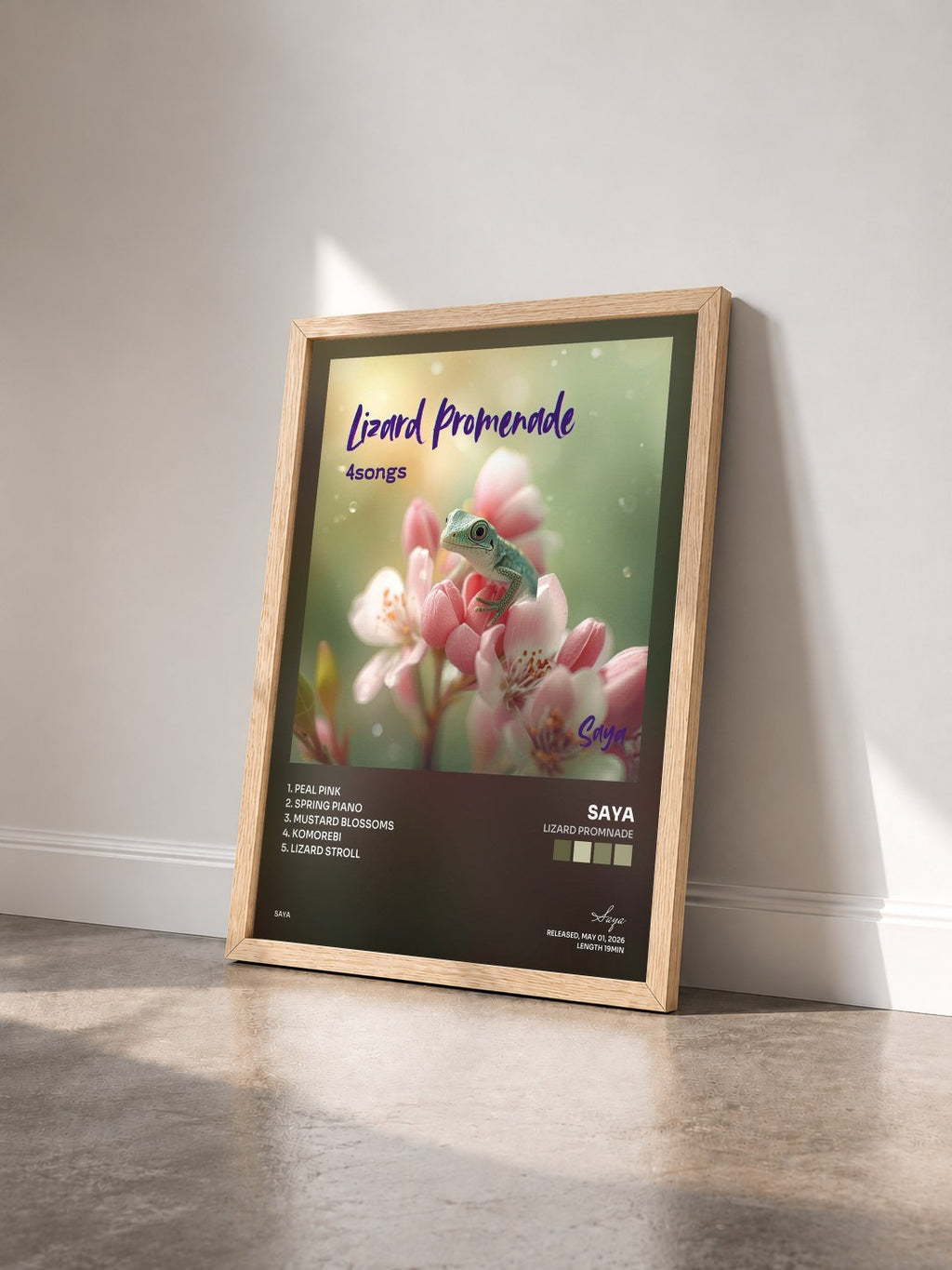 #bois Tableau de l'album Lizard Promnade de Saya vu de trois quarts, cadre en bois brut