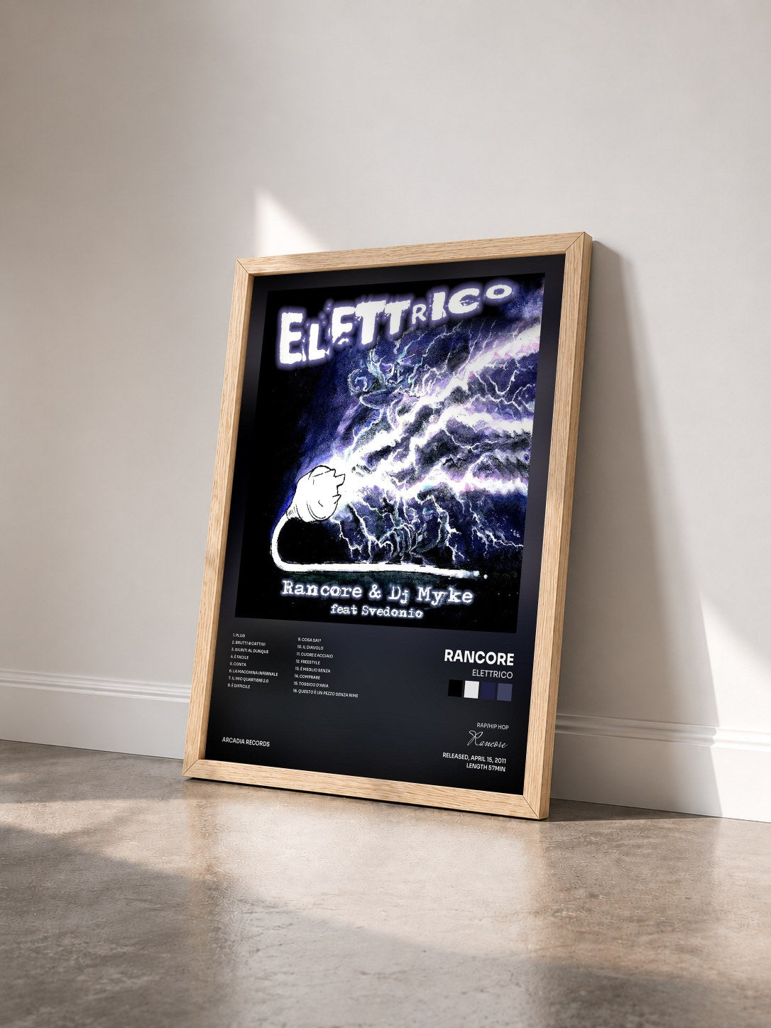 #bois Tableau de l'album Elettrico de Rancore vu de trois quarts, cadre en bois brut