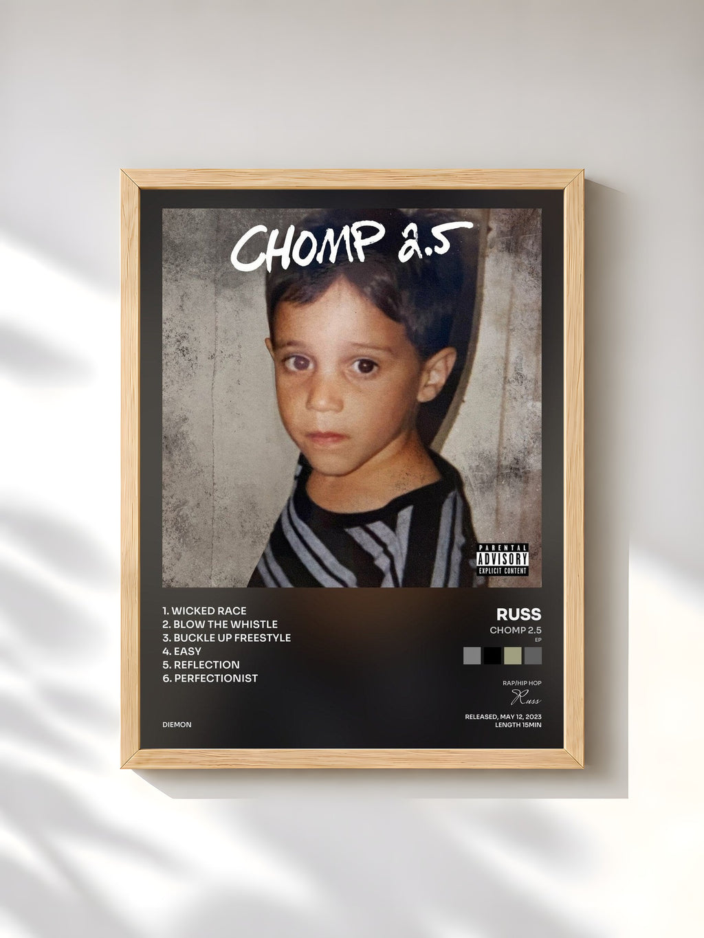 #bois Tableau de l'album CHOMP 2.5 (EP) de Russ, cadre en bois brut, imprimé et encadré en France