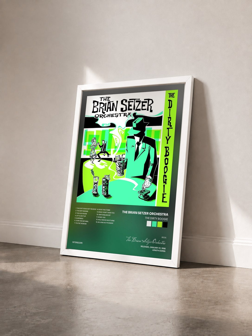 #blanc Tableau de l'album The Dirty Boogie de The Brian Setzer Orchestra vu de trois quarts, cadre blanc
