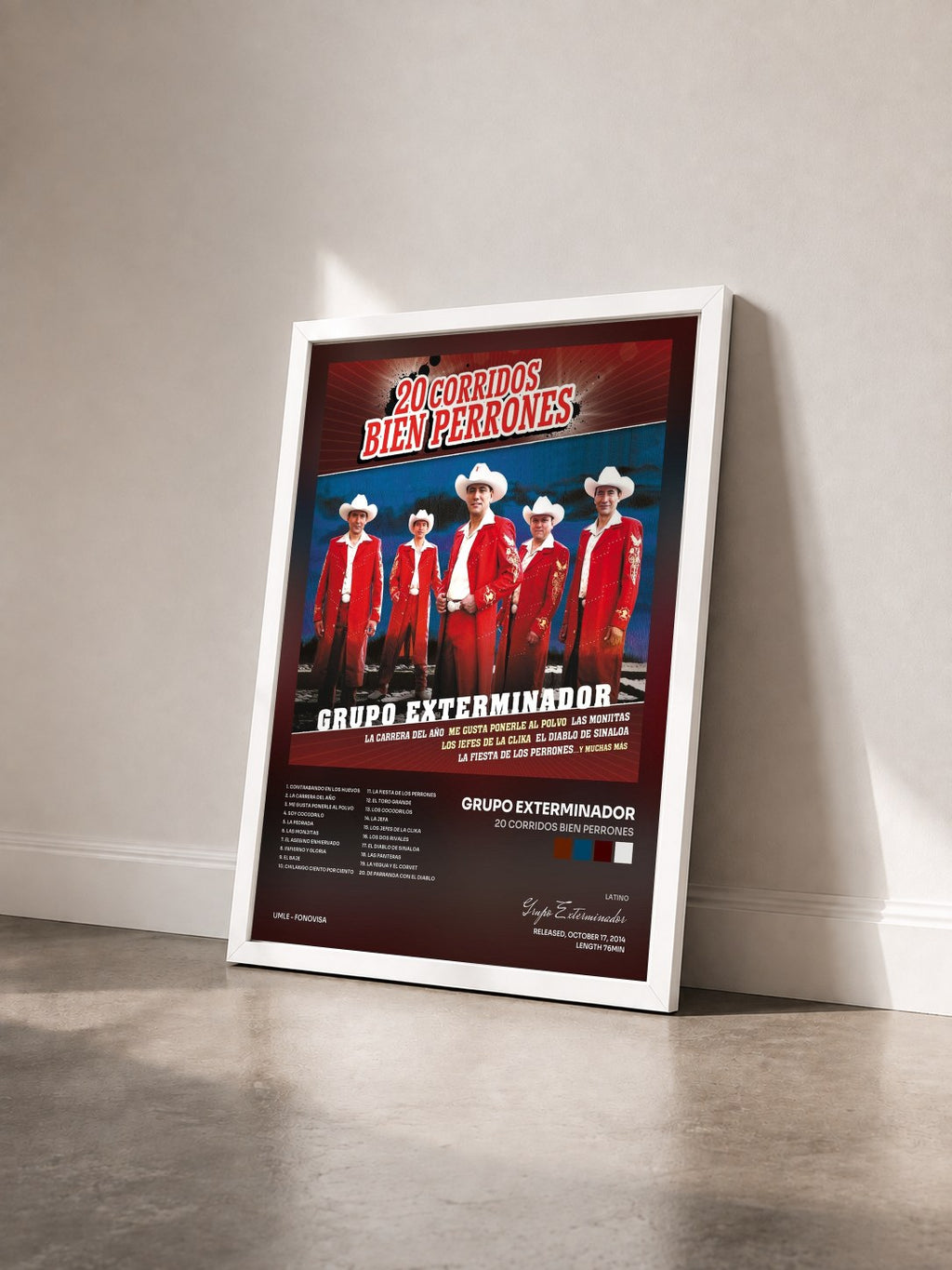 #blanc Tableau de l'album 20 Corridos Bien Perrones de Grupo Exterminador vu de trois quarts, cadre blanc