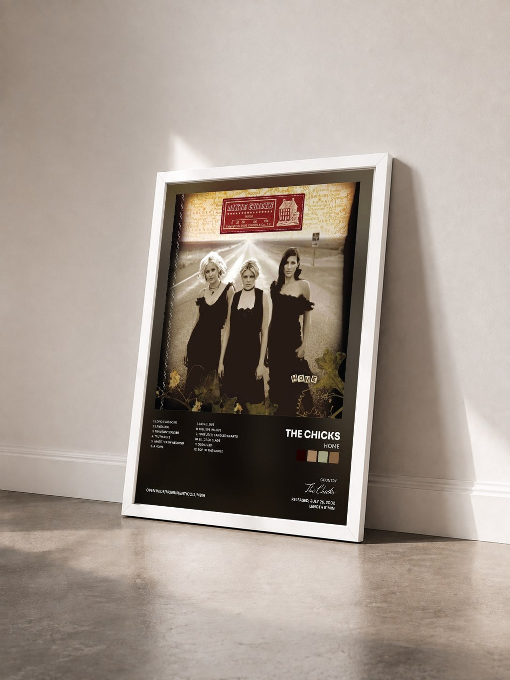 #blanc Tableau de l'album Home de The Chicks vu de trois quarts, cadre blanc