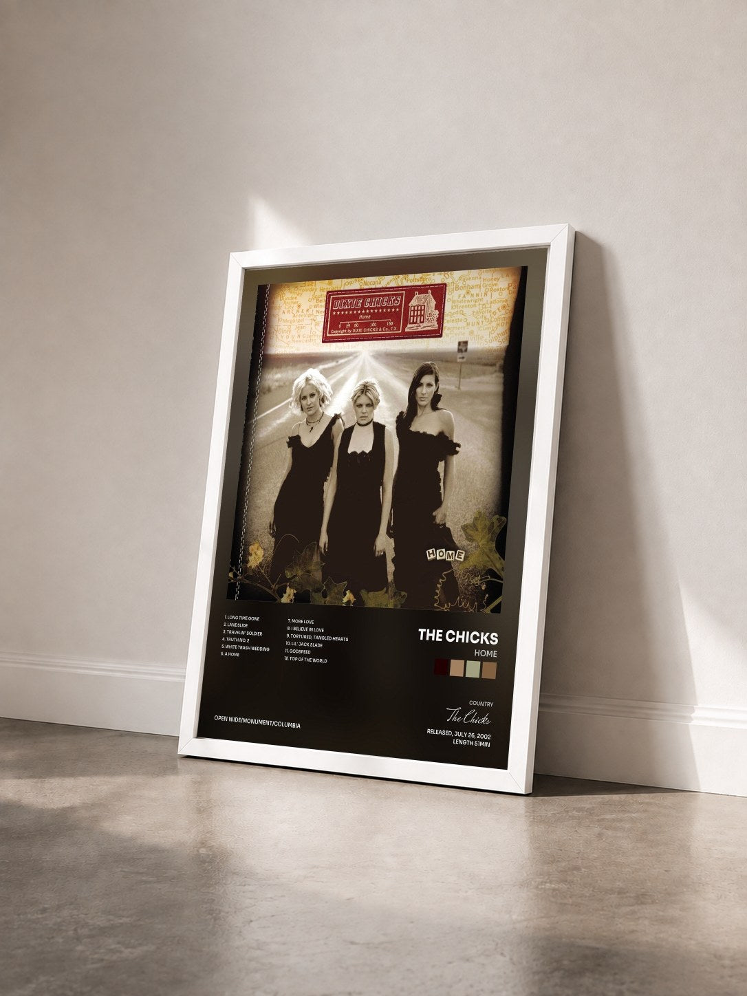 #blanc Tableau de l'album Home de The Chicks vu de trois quarts, cadre blanc