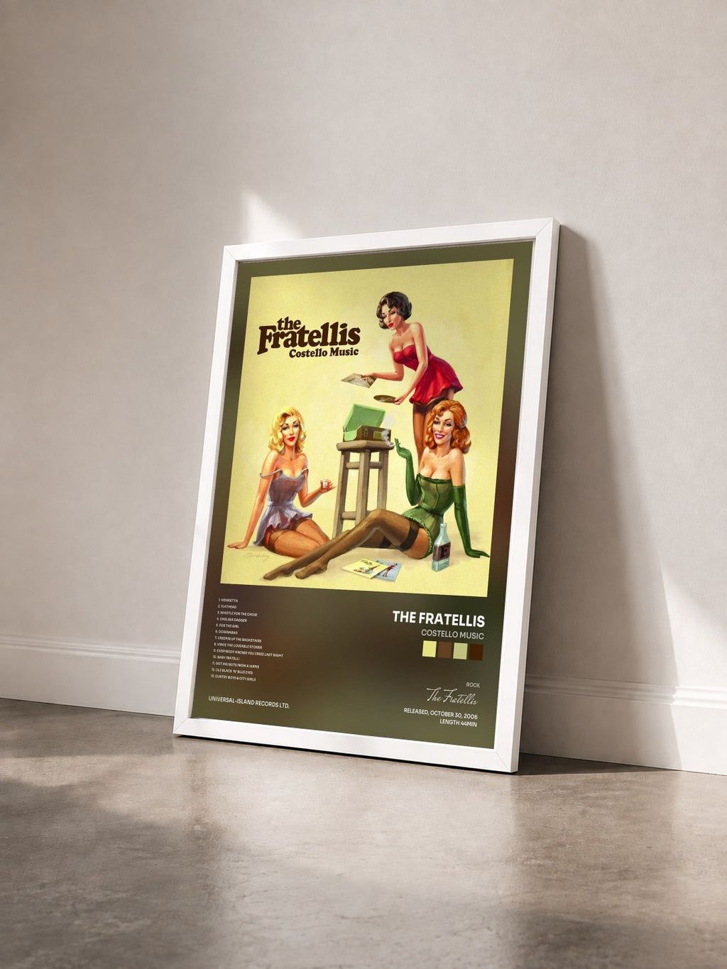 #blanc Tableau de l'album Costello Music de The Fratellis vu de trois quarts, cadre blanc