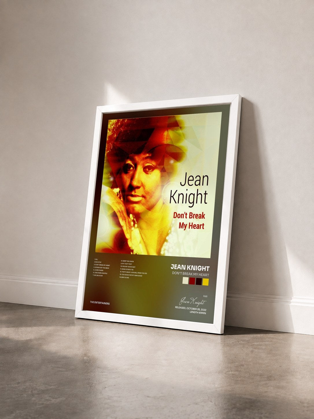 #blanc Tableau de l'album Don't Break My Heart de Jean Knight vu de trois quarts, cadre blanc