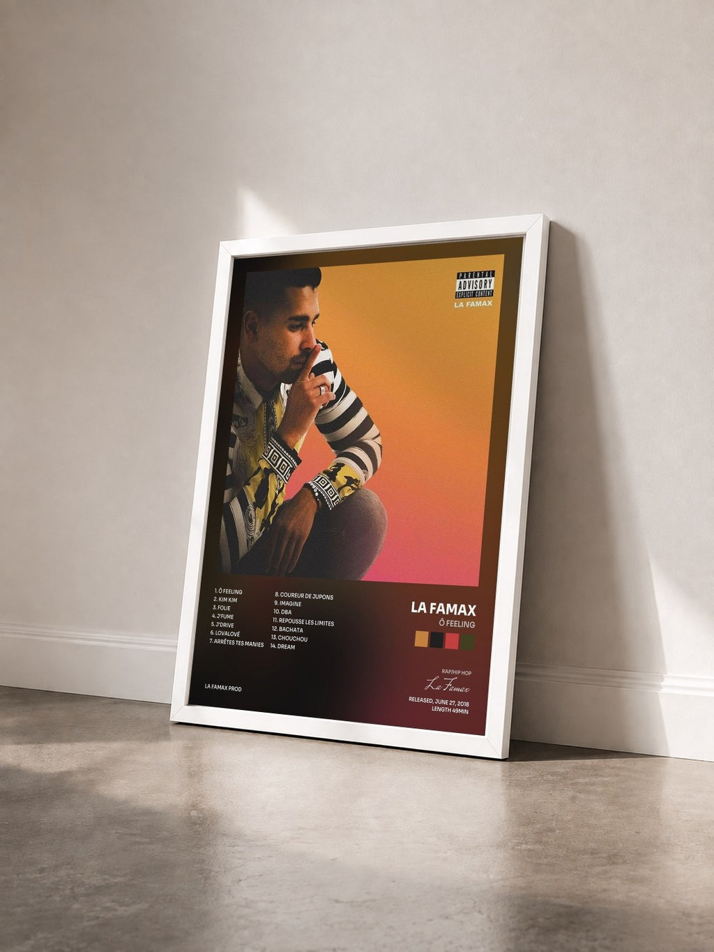 #blanc Tableau de l'album Ô Feeling de La Famax vu de trois quarts, cadre blanc