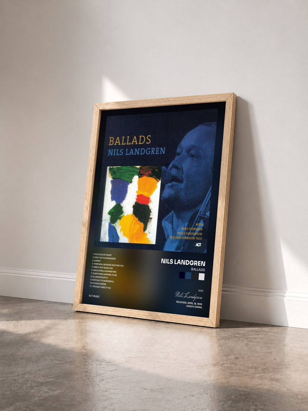 #bois Tableau de l'album Ballads de Nils Landgren vu de trois quarts, cadre en bois brut