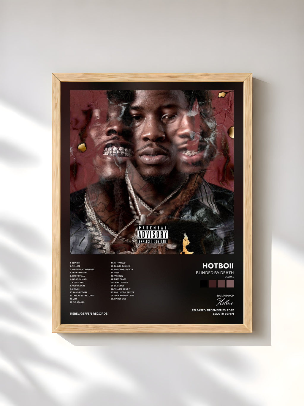 #bois Tableau de l'album Blinded By Death (Deluxe) de Hotboii, cadre en bois brut, imprimé et encadré en France