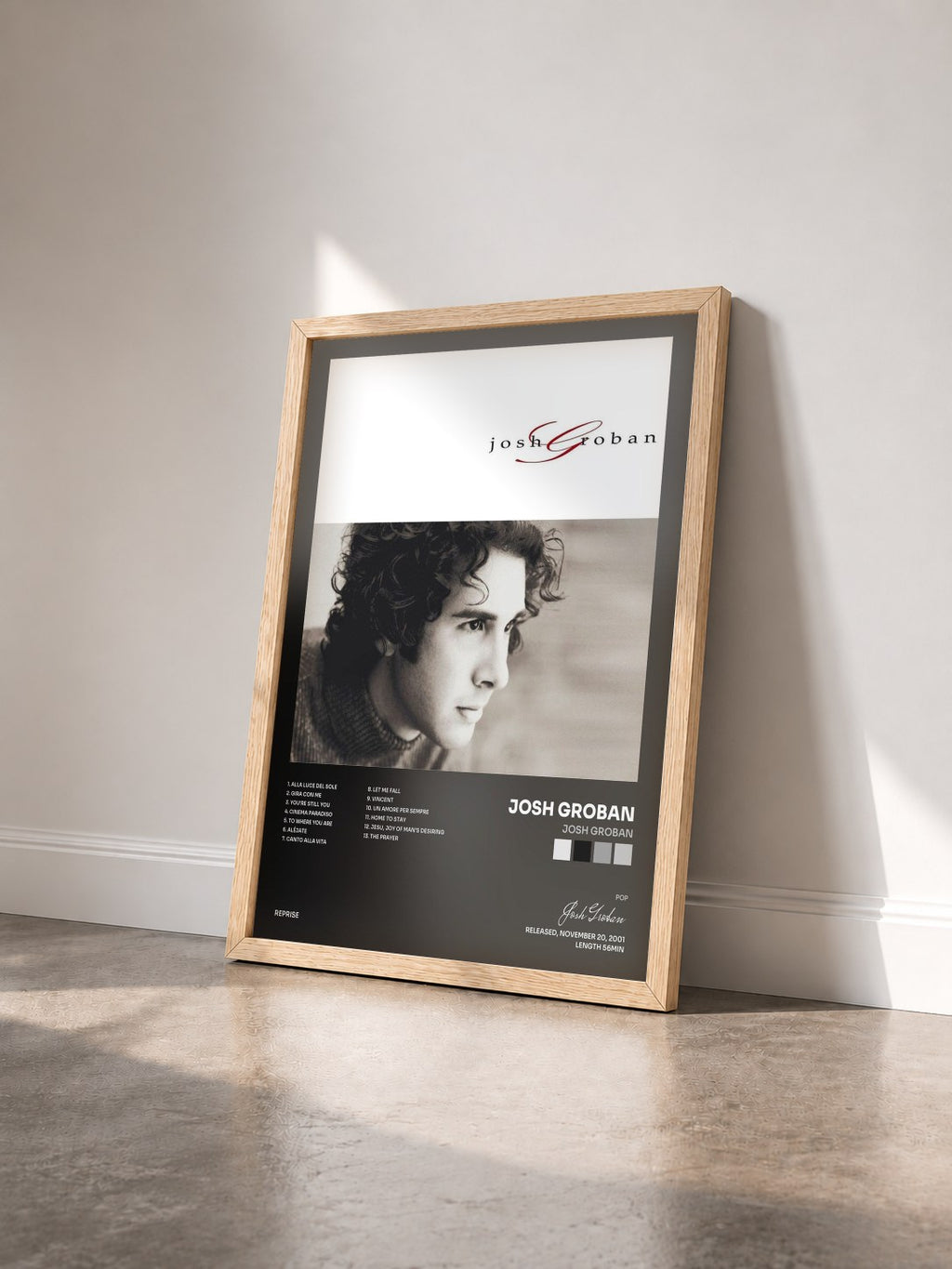 #bois Tableau de l'album Josh Groban de Josh Groban vu de trois quarts, cadre en bois brut