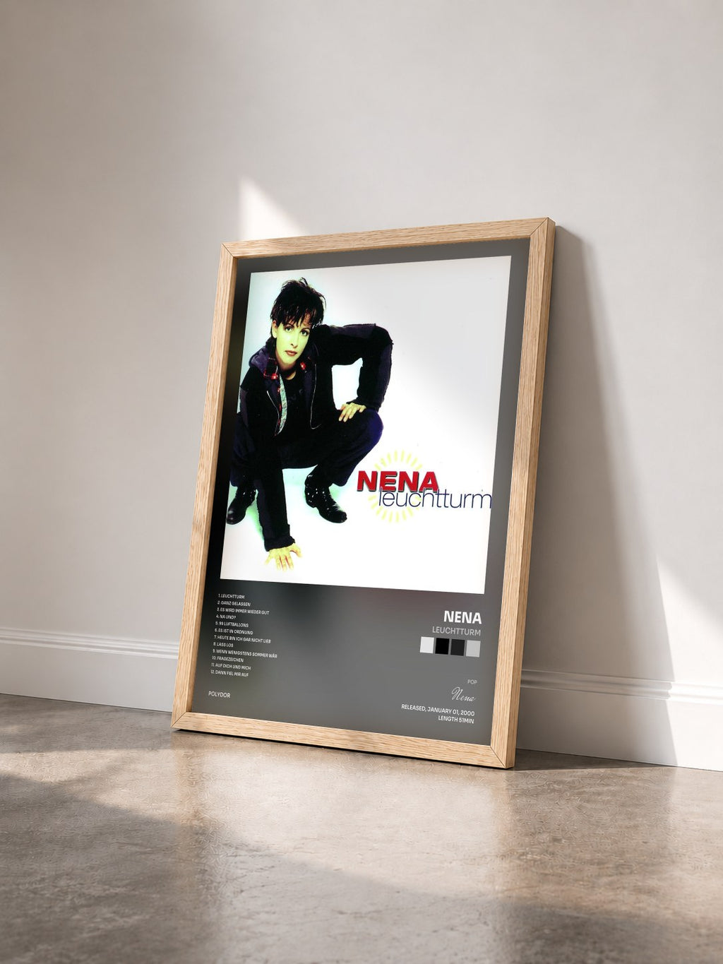 #bois Tableau de l'album Leuchtturm de Nena vu de trois quarts, cadre en bois brut