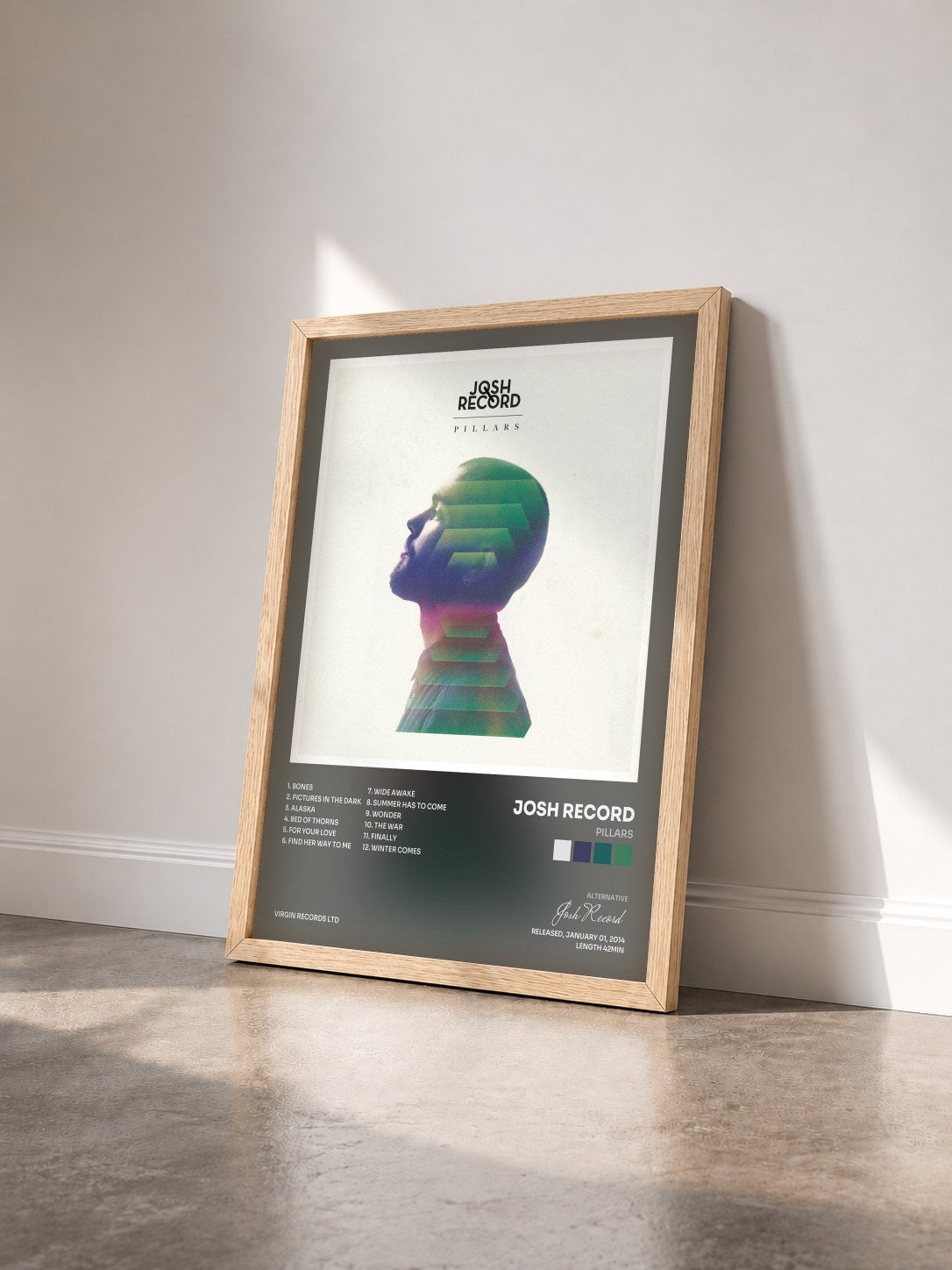 #bois Tableau de l'album Pillars de Josh Record vu de trois quarts, cadre en bois brut