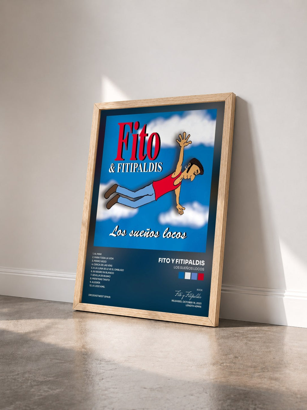 #bois Tableau de l'album Los Sueños Locos de Fito y Fitipaldis vu de trois quarts, cadre en bois brut