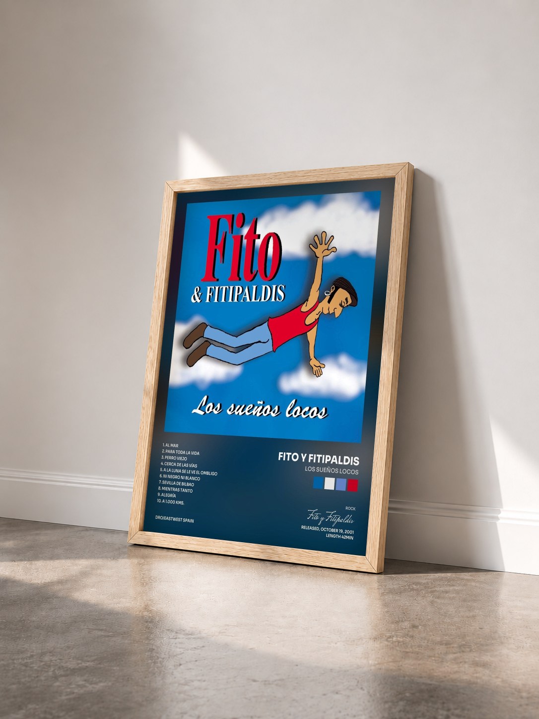 #bois Tableau de l'album Los Sueños Locos de Fito y Fitipaldis vu de trois quarts, cadre en bois brut
