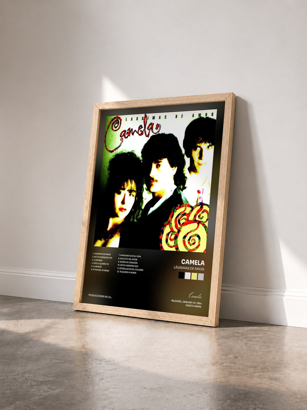 #bois Tableau de l'album Lágrimas de Amor de Camela vu de trois quarts, cadre en bois brut