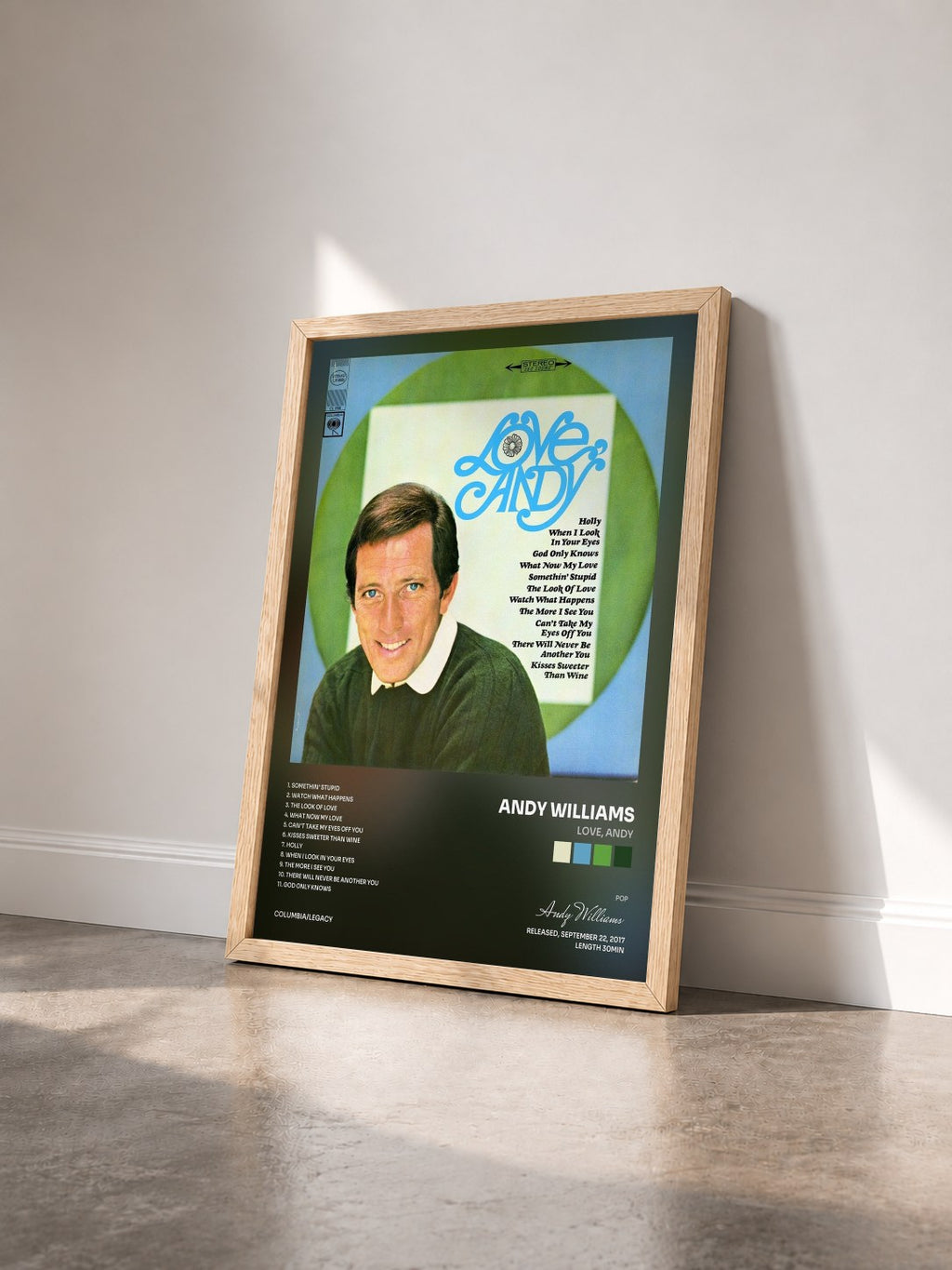 #bois Tableau de l'album Love, Andy de Andy Williams vu de trois quarts, cadre en bois brut