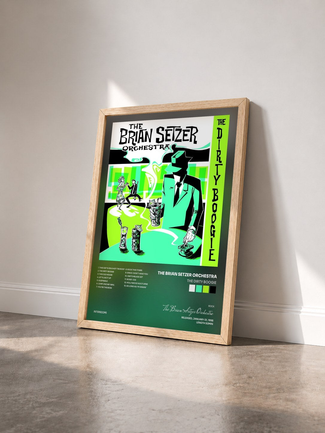 #bois Tableau de l'album The Dirty Boogie de The Brian Setzer Orchestra vu de trois quarts, cadre en bois brut