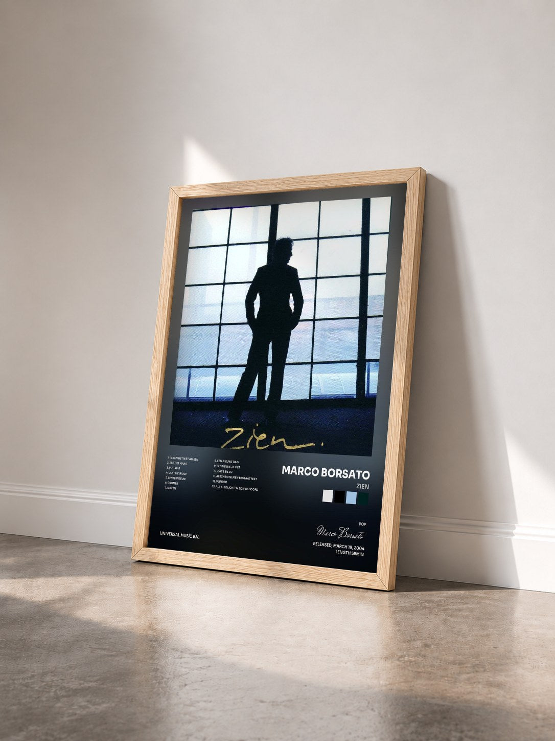 #bois Tableau de l'album Zien de Marco Borsato vu de trois quarts, cadre en bois brut