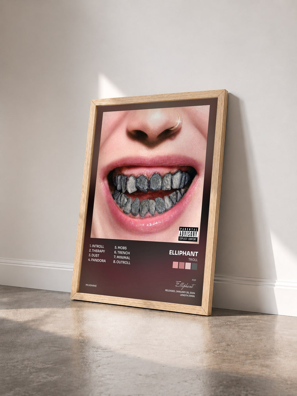 #bois Tableau de l'album TROLL de Elliphant vu de trois quarts, cadre en bois brut