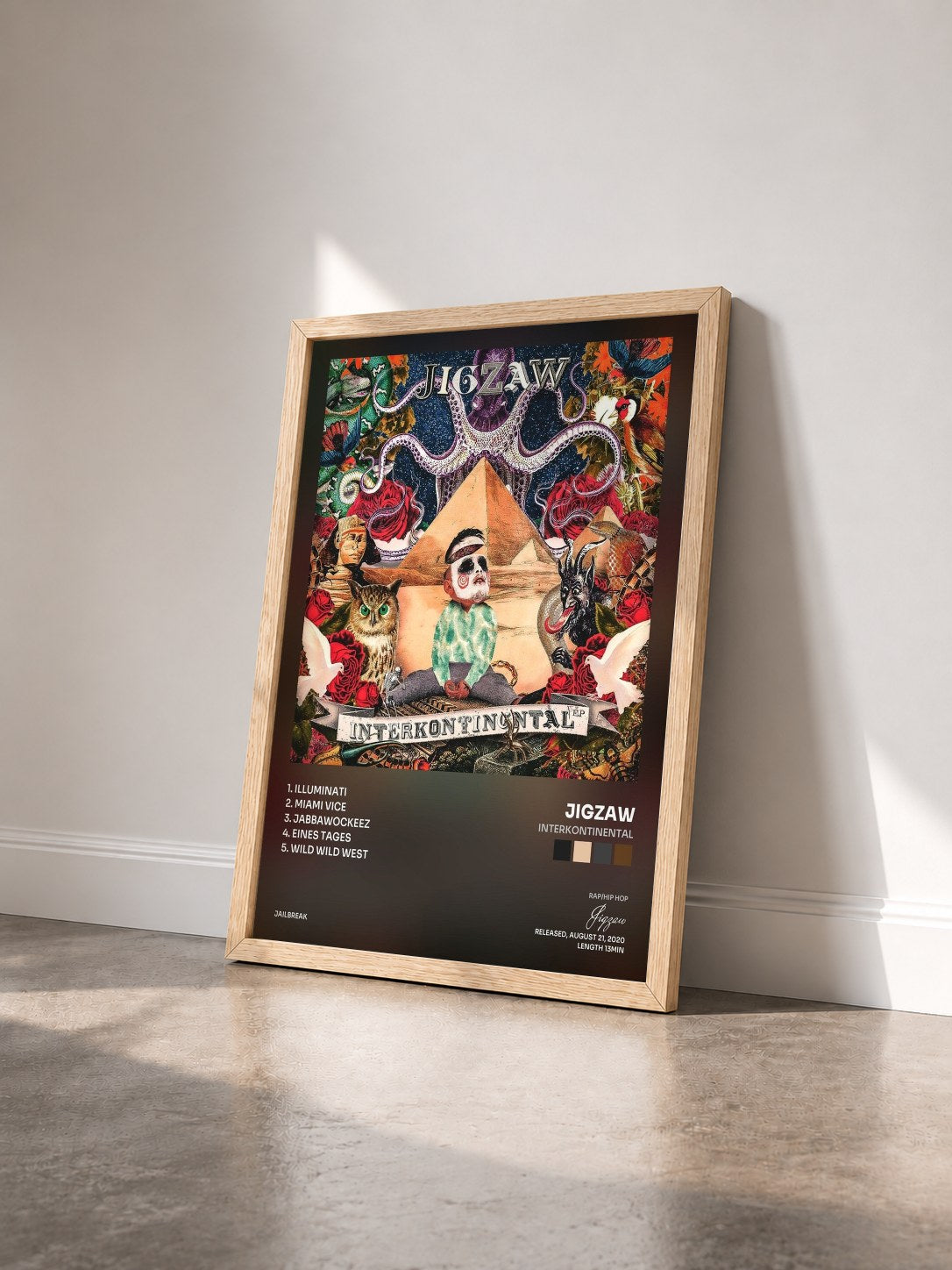 #bois Tableau de l'album Interkontinental de Jigzaw vu de trois quarts, cadre en bois brut