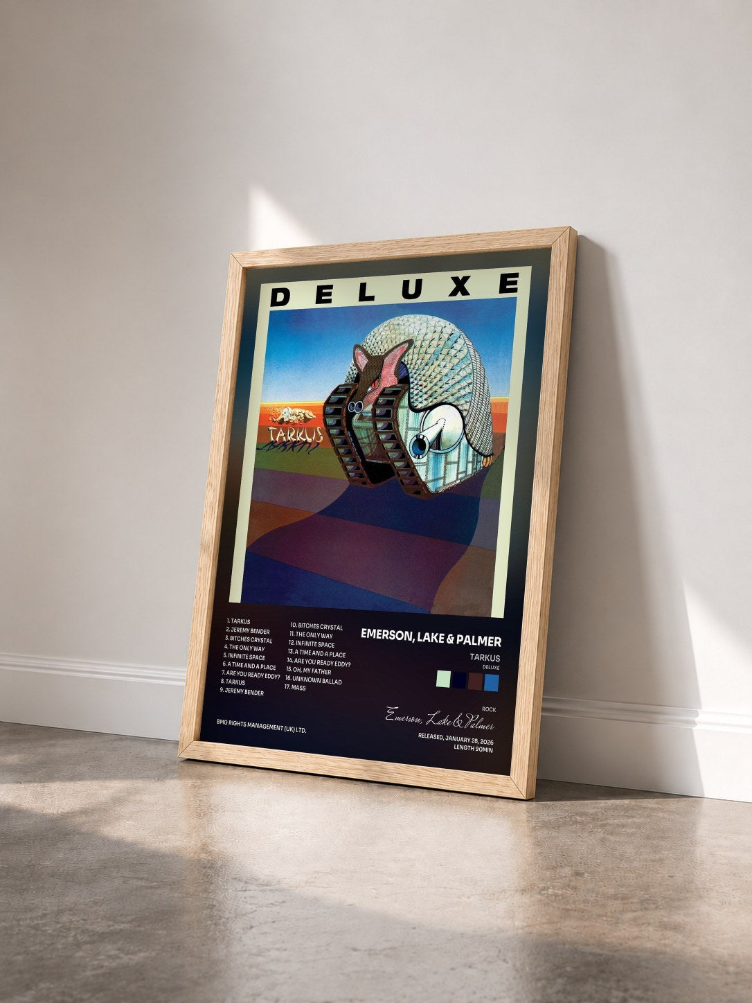 #bois Tableau de l'album Tarkus (Deluxe) de Emerson, Lake & Palmer vu de trois quarts, cadre en bois brut