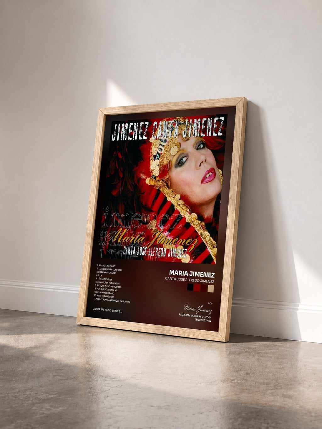 #bois Tableau de l'album Canta Jose Alfredo Jimenez de Maria Jimenez vu de trois quarts, cadre en bois brut