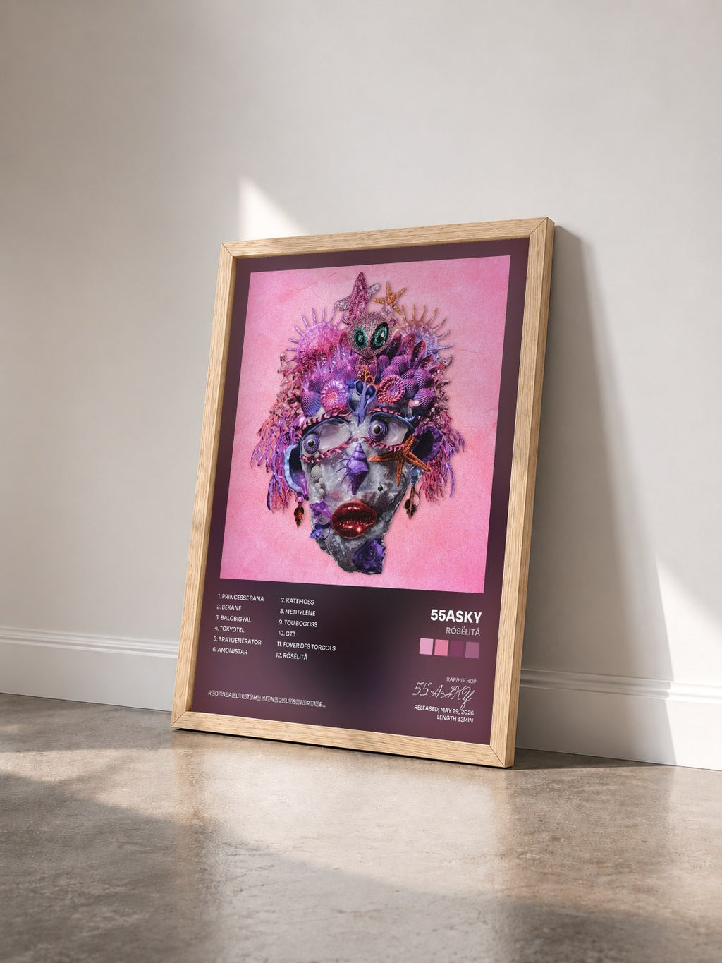 #bois Tableau de l'album RÖSËLITÄ de 55ASKY vu de trois quarts, cadre en bois brut