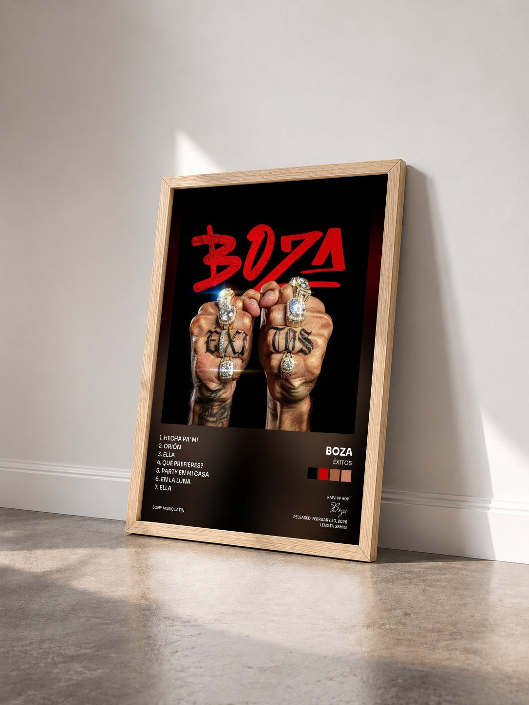 #bois Tableau de l'album Éxitos de Boza vu de trois quarts, cadre en bois brut