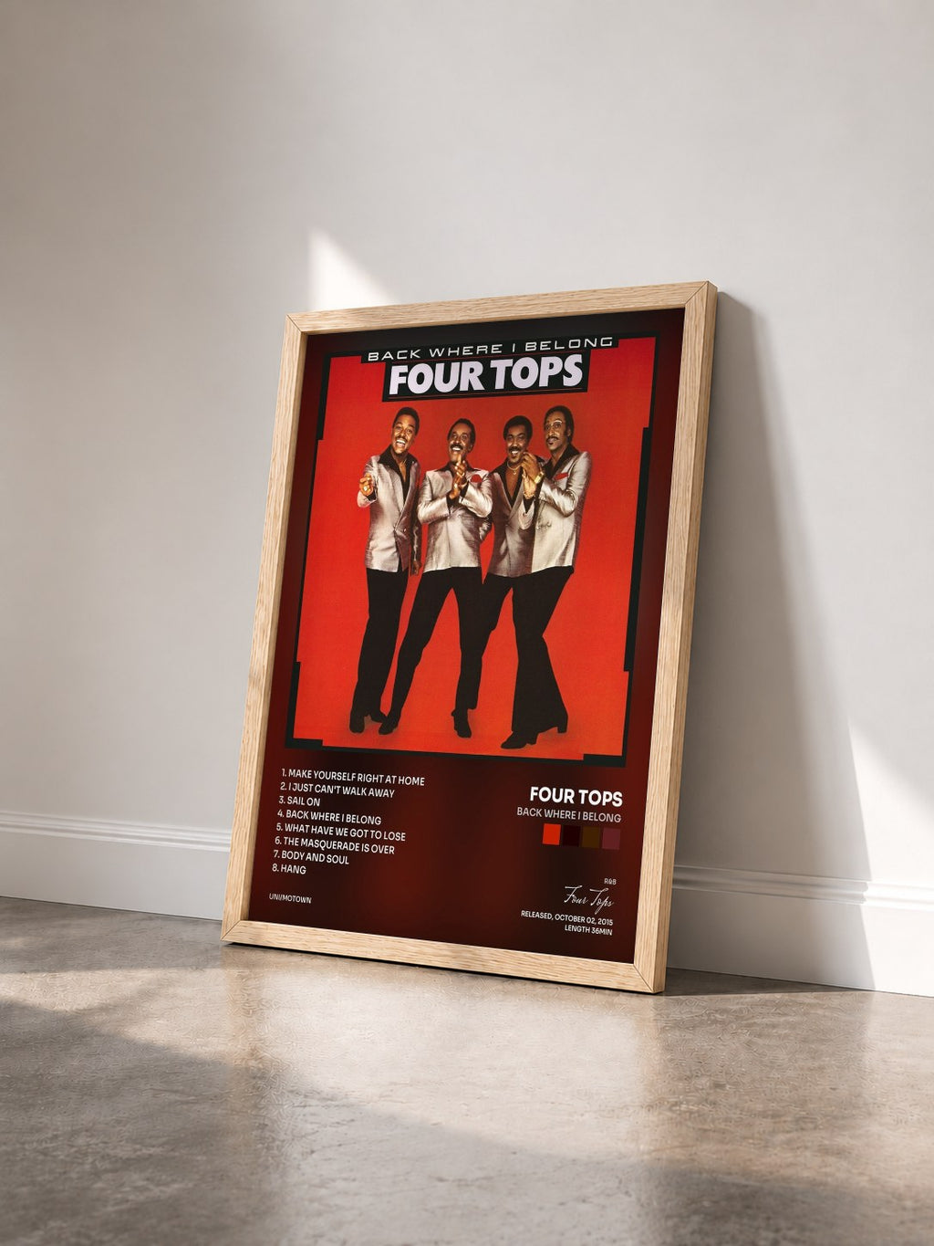 #bois Tableau de l'album Back Where I Belong de Four Tops vu de trois quarts, cadre en bois brut