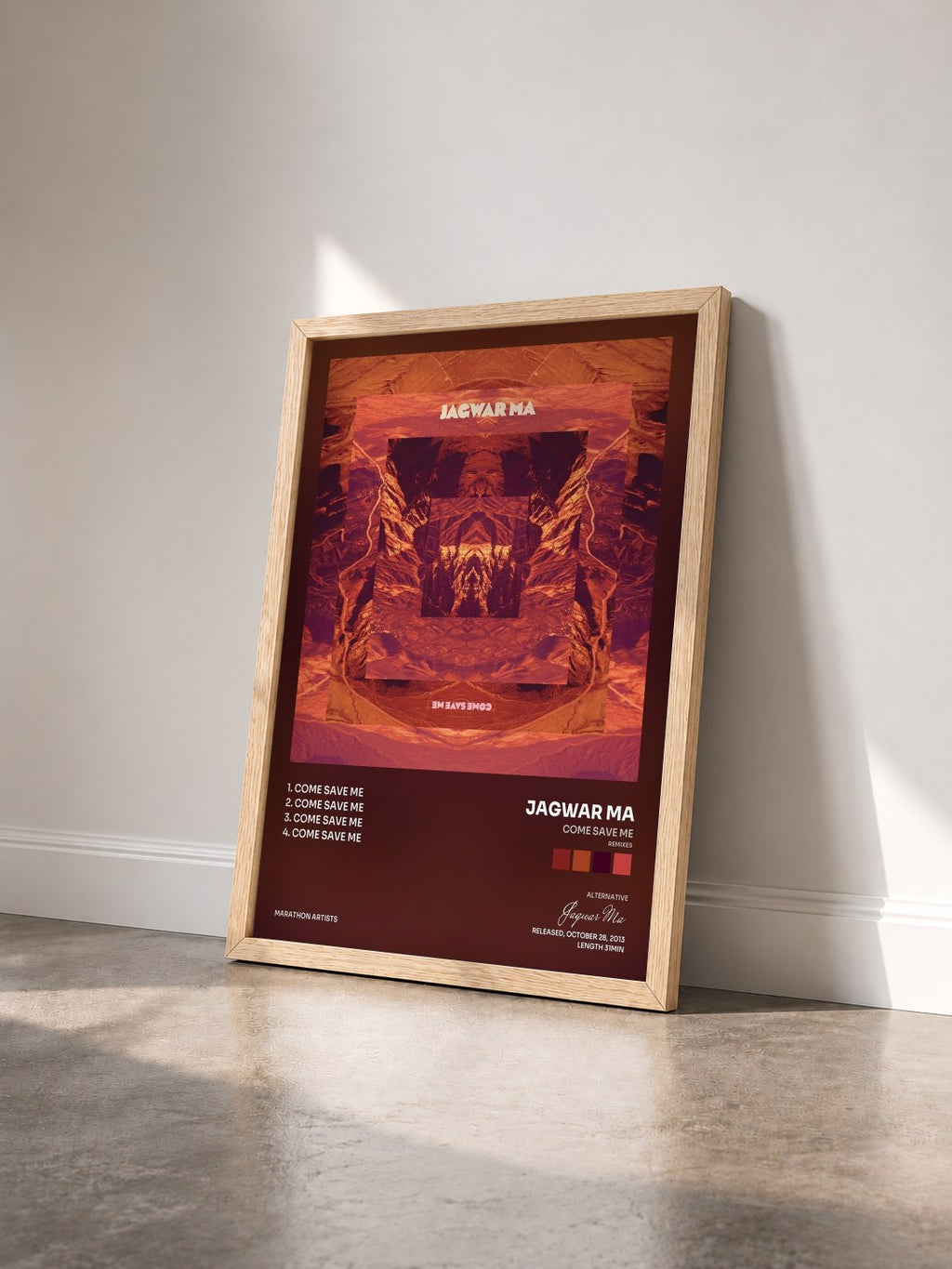 #bois Tableau de l'album Come Save Me (Remixes) de Jagwar Ma vu de trois quarts, cadre en bois brut