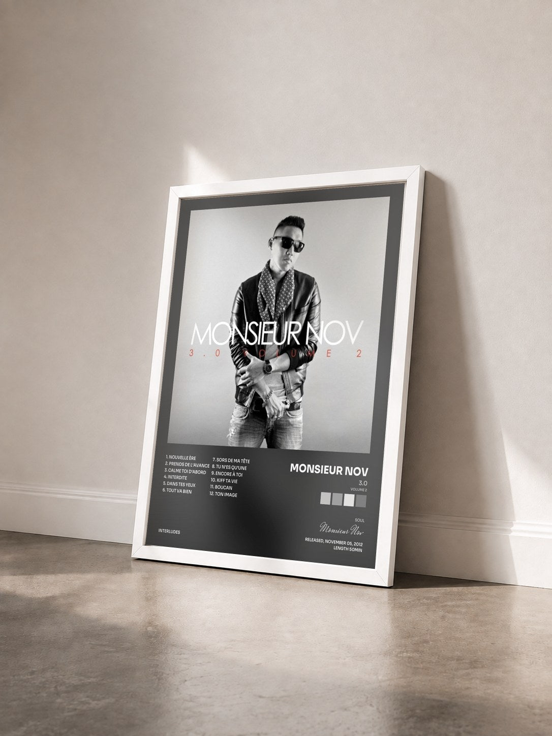 #blanc Tableau de l'album 3.0 (Volume 2) de Monsieur Nov vu de trois quarts, cadre blanc