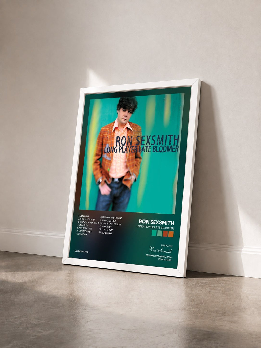 #blanc Tableau de l'album Long Player Late Bloomer de Ron Sexsmith vu de trois quarts, cadre blanc