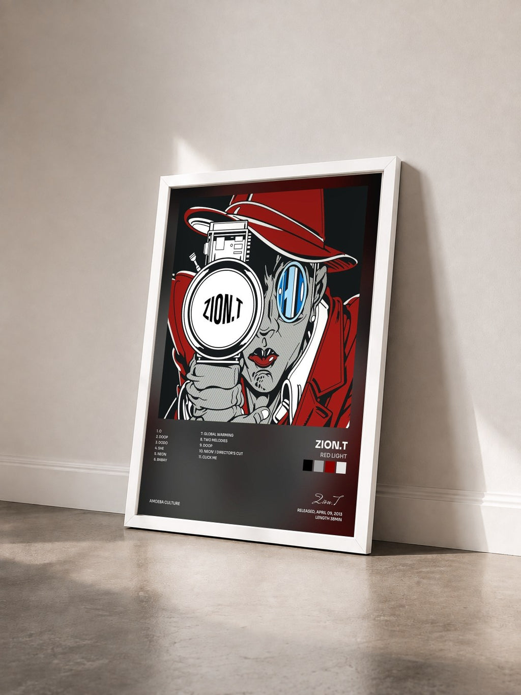 #blanc Tableau de l'album Red Light de Zion.T vu de trois quarts, cadre blanc
