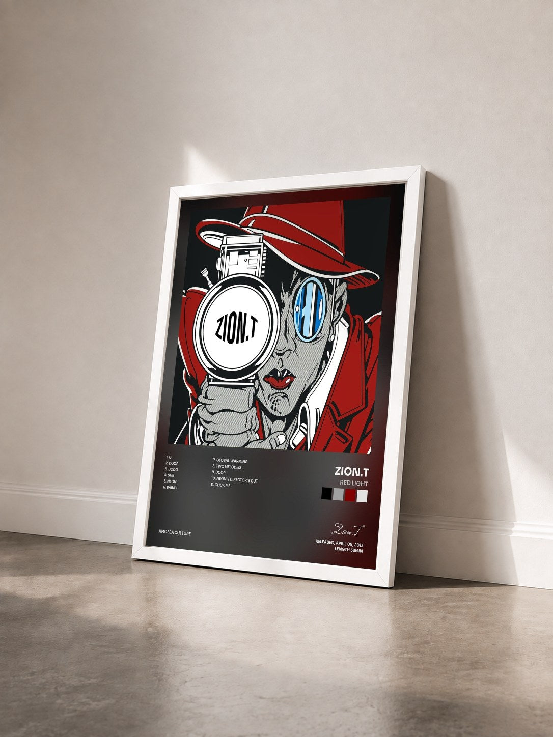 #blanc Tableau de l'album Red Light de Zion.T vu de trois quarts, cadre blanc