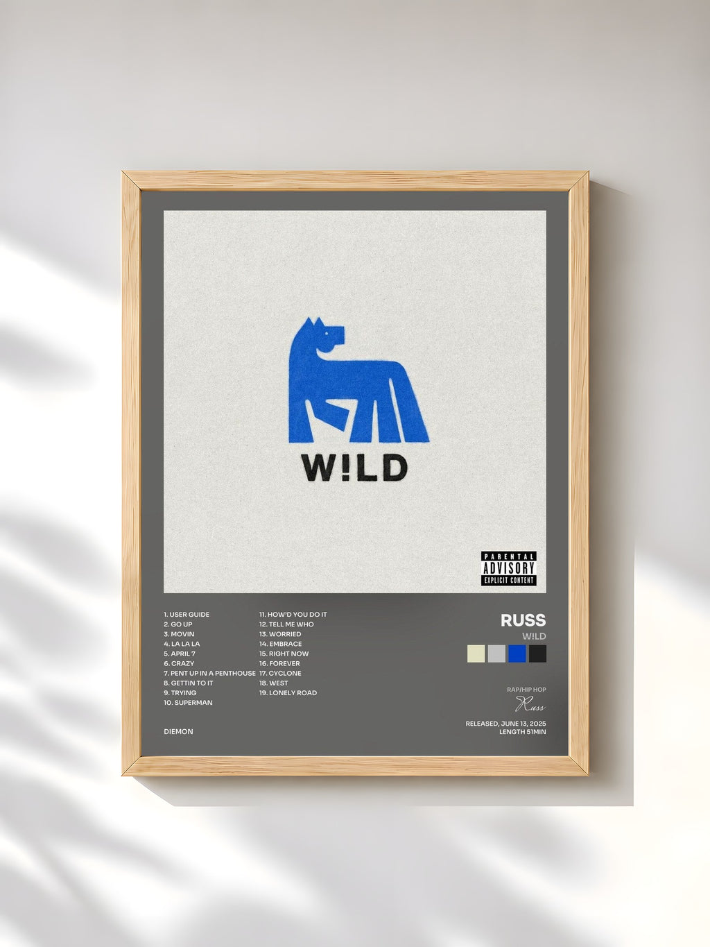 #bois Tableau de l'album W!LD de Russ, cadre en bois brut, imprimé et encadré en France
