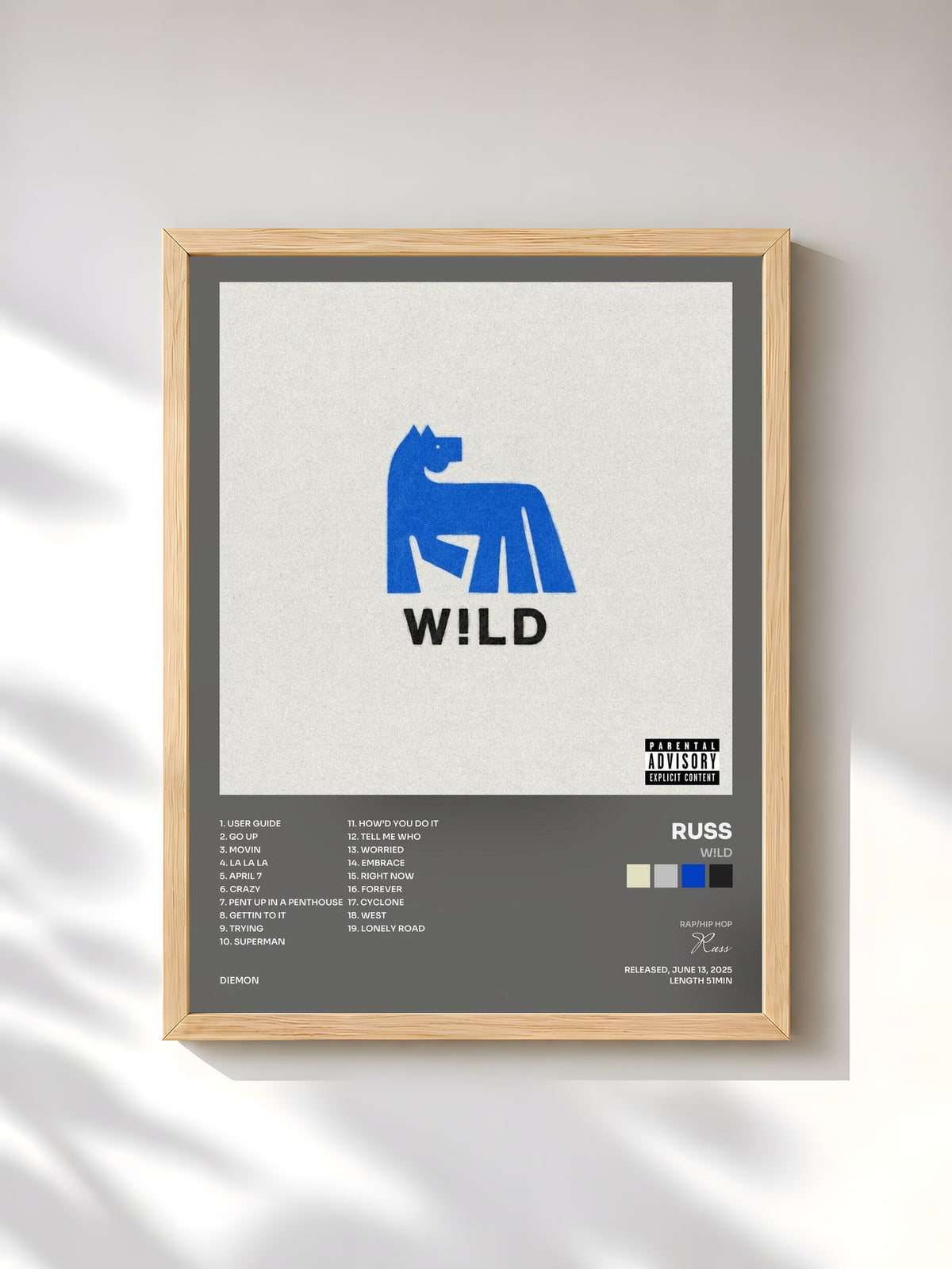 #bois Tableau de l'album W!LD de Russ, cadre en bois brut, imprimé et encadré en France