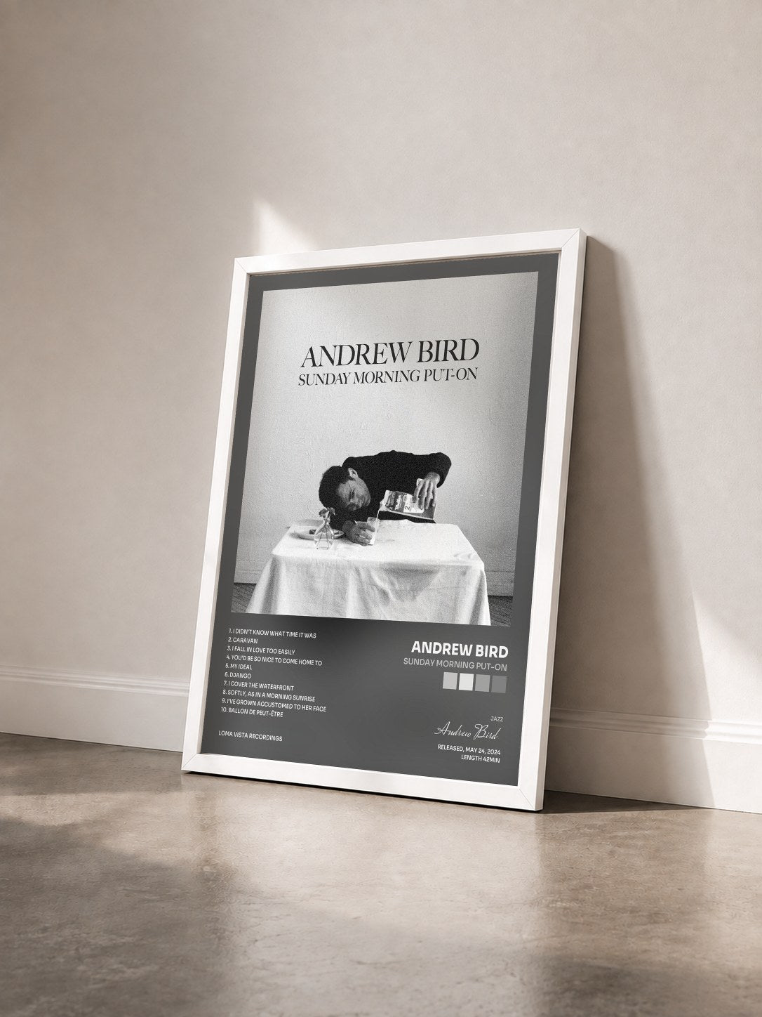 #blanc Tableau de l'album Sunday Morning Put-On de Andrew Bird vu de trois quarts, cadre blanc