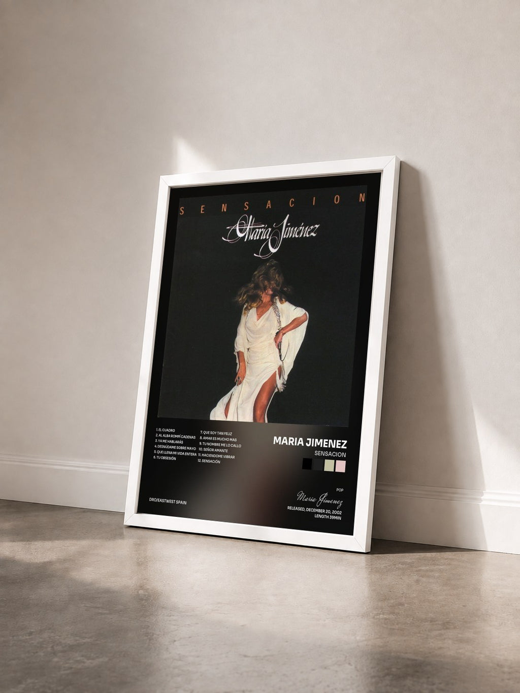 #blanc Tableau de l'album Sensacion de Maria Jimenez vu de trois quarts, cadre blanc