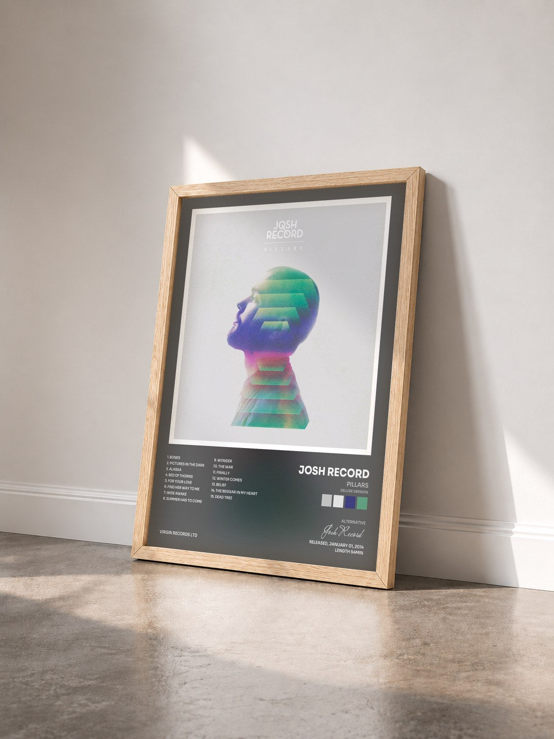 #bois Tableau de l'album Pillars (Deluxe Version) de Josh Record vu de trois quarts, cadre en bois brut
