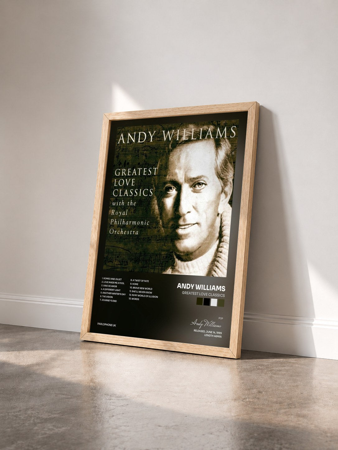 #bois Tableau de l'album Greatest Love Classics de Andy Williams vu de trois quarts, cadre en bois brut