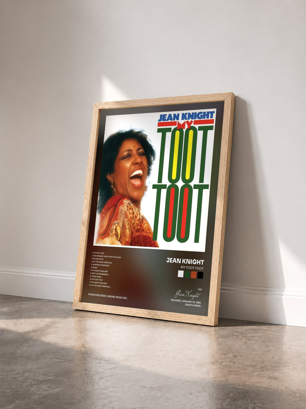 #bois Tableau de l'album My Toot Toot de Jean Knight vu de trois quarts, cadre en bois brut