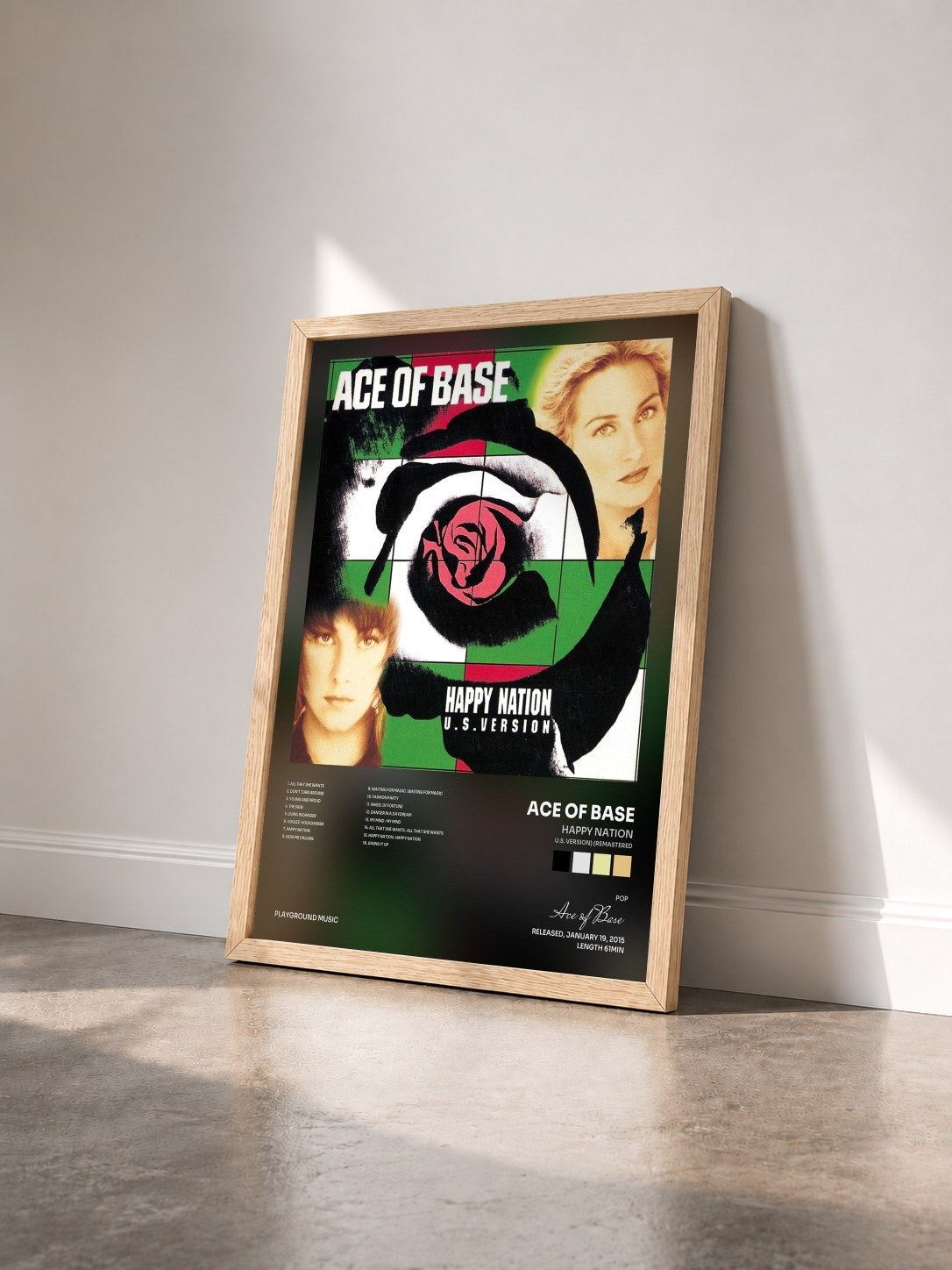 #bois Tableau de l'album Happy Nation (U.S. Version) (Remastered) de Ace of Base vu de trois quarts, cadre en bois brut