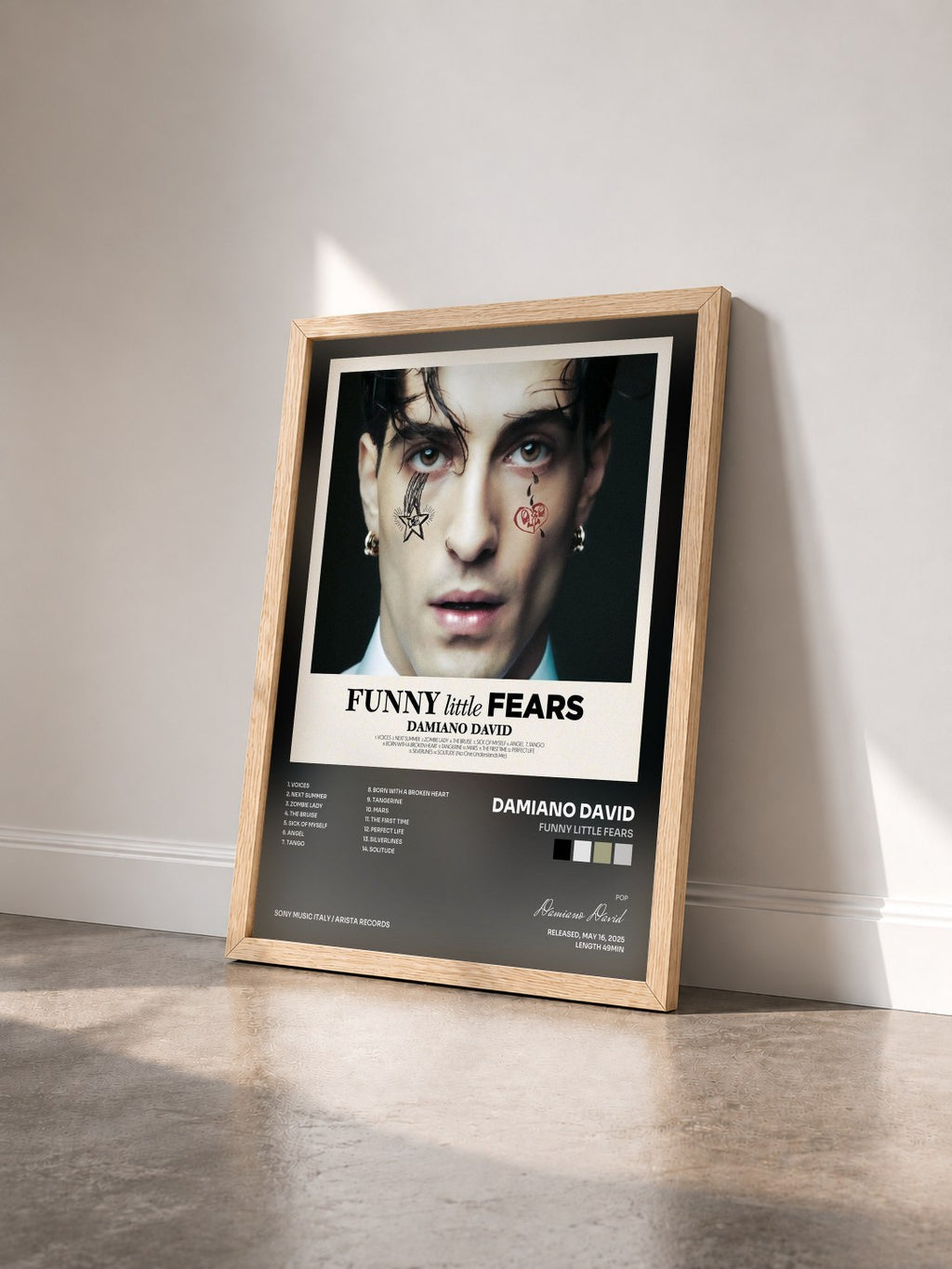 #bois Tableau de l'album FUNNY little FEARS de Damiano David vu de trois quarts, cadre en bois brut