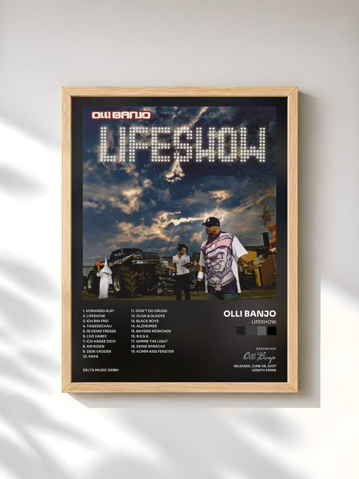 #bois Tableau de l'album Lifeshow de Olli Banjo, cadre en bois brut, imprimé et encadré en France
